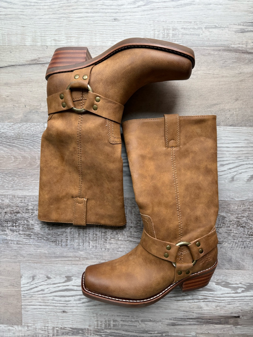FRYE AND CO. LORRIE HARNESS 12 Tan Mid-Calf Harness Boots with Brass Ring